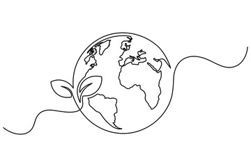Earth with sprout one continuous line drawing editable outline vector illustration symbol of sustainability and eco growth
