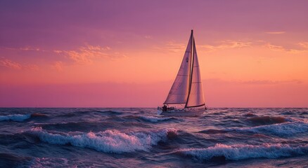 Sailboat at sunset on choppy water