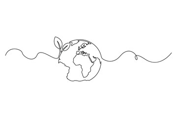 Earth with sprout one continuous line drawing editable outline vector illustration symbol of sustainability and eco growth
