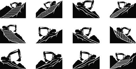 Excavator operating on steep mountain slopes constructing retaining walls and erosion control grids during hillside stabilization and roadwork.