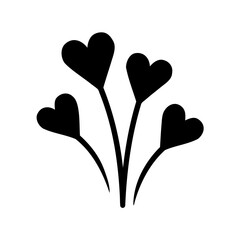 Four black heart shaped flowers blooming on a white background design
