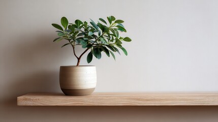 Fototapeta premium Small Green Plant in Beige Pot on Light Wooden Shelf Against Grey Background