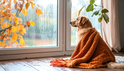 Golden retriever in autumnal window seat