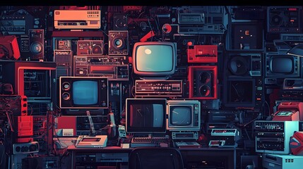 Fototapeta premium A captivating background of retro-futuristic technology, featuring a densely packed wall of antique televisions, radios, and obsolete electronic devices