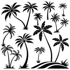 Obraz premium Tropical Palm Tree Silhouette Collection – Curved Coconut Trees with Leaves and Grass on Island Hills, Perfect for Summer, Paradise, Beach, Jungle, or Exotic Nature Design Projects