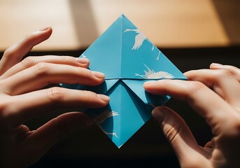 Close-up of hands meticulously folding a vibrant blue origami crane pattern.