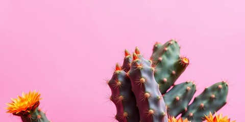 A vibrant pink background features a prickly cactus, showcasing contrasting textures, still life, pink
