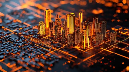 Digital twin of an entire city interactive display surface, glowing city model, intricate lines, data visualization.