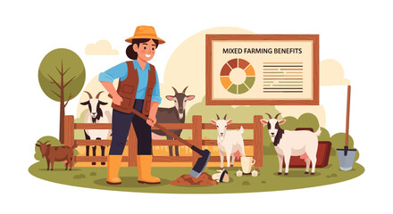 Fototapeta premium Illustration depicting a woman farmer working on a farm with goats and infographics on mixed