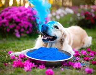 Golden Retriever playing with colorful powder