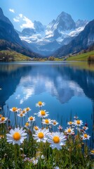 山と湖と白いデイジーの花が咲く美しい風景の垂直ショット