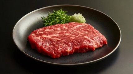 霜降りの和牛肉ステーキが黒い皿に置かれ 濃い背景に新鮮なハーブの付け合わせ添え