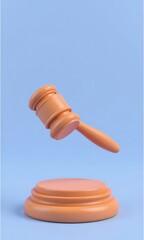 Salmon Colored Gavel Floating Above a Round Podium Against Light Blue Background