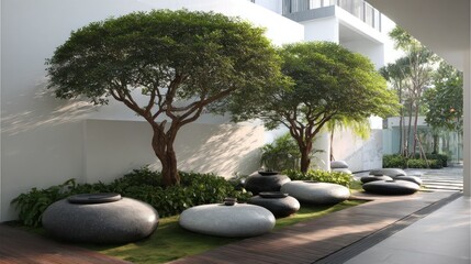 Modern courtyard with stone seating and trees