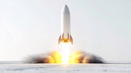 白いロケットが煙と炎を上げて地面から空へと離陸する