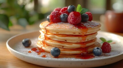 Stack of Golden Pancakes Topped with Fresh Berries and Syrup on Wooden Table in Morning Light