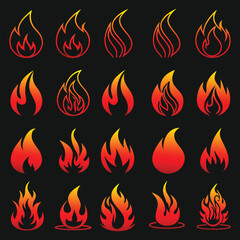 Vector Fire Flame Icons Set - Gradient Burning Fire Symbols in Red and Yellow for Logo, App, Game UI, Sticker, Badge, or Sign Design on Black Background
