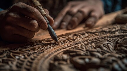 Hands carving intricate wooden details with traditional chisel