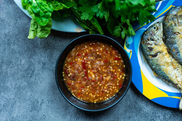 Shrimp paste sauce served with fried mackerel, Thai local popular food
