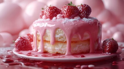 いちごのトッピングとピンクのアイシングがかった白いケーキ ピンクの背景でクローズアップ