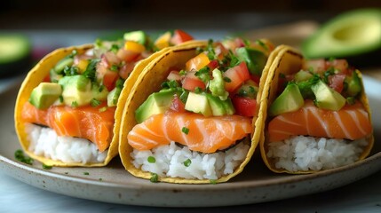 盛り付けられたサーモンアボカドタコス、白米と鮮やかな野菜を添えて、食欲をそそるディスプレイで提供