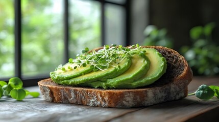 Close Up of Avocado Toast on Wooden Table in Kitchen with Green Plants and Natural Light