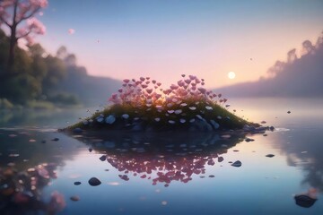 Island of Pink Blooms Reflected in Lake at Golden Hour with Hillside Background