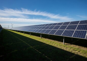 Expansive solar farm with rows of panels and wind turbines under a blue sky solar energy