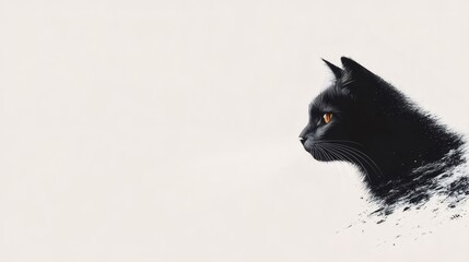 黒猫のデジタルイラストレーション、右向きのプロファイル、金色の目、白い背景に黒い粒子