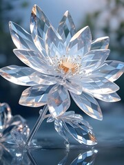 輝く透明なクリスタルの蓮の花のクローズアップ 水面に反射する光