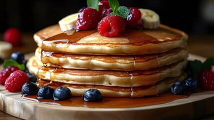 甘いメープルシロップと赤と青の果物が添えられた木製ボードのふわふわのパンケーキのクローズアップ