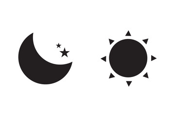 Time of the day signs. Rising and setting sun icon, crescent moon and stars, day and night time symbols. Vector illustration.