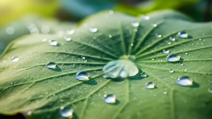 Close-up of dew droplets on a vibrant green lotus leaf with soft sunlight in the background - Powered by Adobe