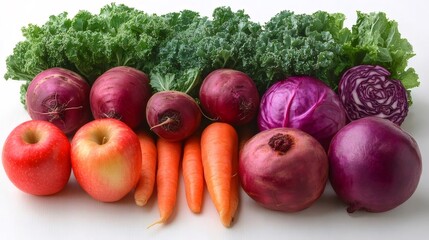 鮮やかな根菜の静物画、リンゴ、ニンジン、ビーツ、紫キャベツ、白い背景にケール
