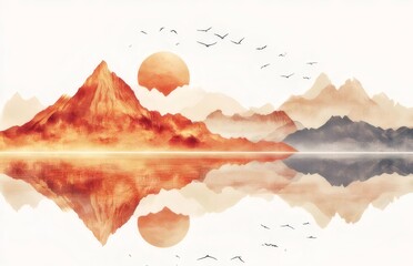 オレンジ色の山々と穏やかな水面と鳥が飛ぶ幻想的な風景のイラスト