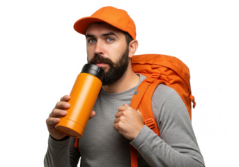 Man with orange backpack drinking from bottle isolated on transparent background
