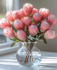 淡いピンクのキングプロテアの花束が花瓶に入った穏やかな光景 自然な背景と白い表面