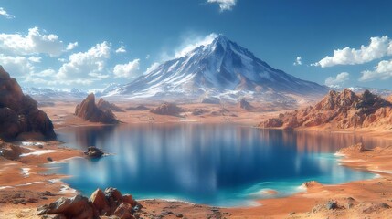 雪を頂いた山と水の鮮やかな風景が広がる素晴らしい風景