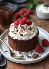 チョコレートケーキホイップクリームラズベリーデザート 木のテーブルに金のアンティークスプーンと飲み物