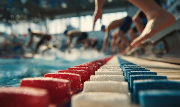 Swimmers at the starting blocks.  Shallow depth of field