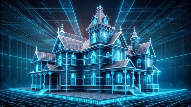 Futuristic Digital Blueprint of Victorian Mansion house.