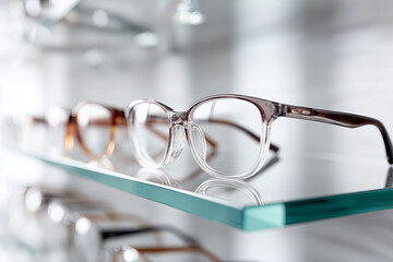 Eyeglasses displayed on glass shelves in a modern optometry shop during daylight hours