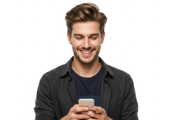Smiling man using cellphone isolated on transparent background