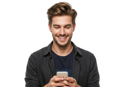 Smiling man using cellphone isolated on transparent background