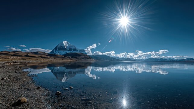 Majestic Mount Kailash Under a Brilliant Sun with Reflecting Lake and Vast Landscape