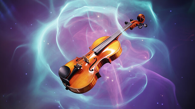 An elegant classical violin floats serenely amidst a celestial nebula, a symphony of cosmic art and intricate musical craftsmanship
