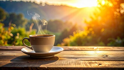 A warm cup of coffee steaming gently on a wooden table with a beautiful sunny background and a natural, relaxed morning atmosphere, perfect for enjoying a peaceful moment