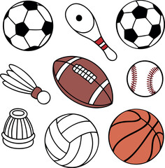 Flat Vector Illustration of Various Sports Balls on White Background