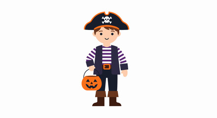 Adorable Young Child Costumed as Friendly Halloween Pirate with Downloadable Jack-o'-Lantern Basket for Trick-or-Treating, Celebration, and Festive Holiday Activities