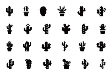 Cactus vector icon collection. Various shapes and styles of cactus and succulent plant symbols in pots for nature and botanical-themed designs.